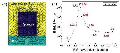 (a) Modle de RWG  base de matriau polymre poreux. (b) Rsultat prliminaire de simulation de lindice de rfraction optimal du matriau polymre poreux